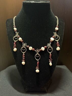 Handcrafted Sterling Silver Garnet & Pearl Dangle Necklace